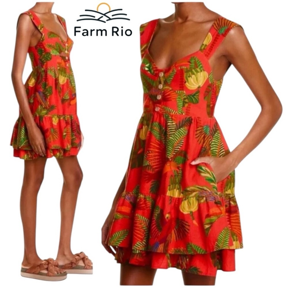 FARM RIO RED FOREST BIRDS MINI DRESS